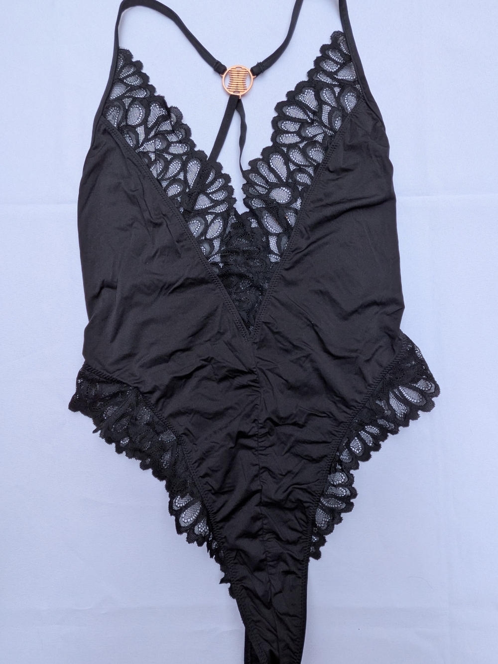 Savage X Fenty Black Lace-Trim Plunge Teddy